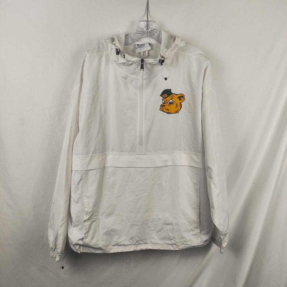 Champion Jacket Mens XL White Hooded 1/2 Zip Windbreaker Pullover Bear Mascot
